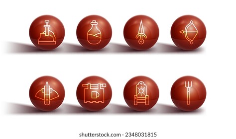 Set line Sword in the stone, Battle crossbow with arrow, Medieval and, throne, Street signboard Bar, Old bottle of wine, Garden pitchfork and Dagger icon. Vector