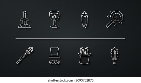 Fijar la línea Espada en la piedra, Personal mágico, varita, orejas de conejo de sombrero mago, goblet medieval, fuego de espada e ícono. Vector