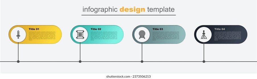 Set line Sword in the stone, Target with arrow, Decree, parchment, scroll and Medieval sword. Business infographic template. Vector