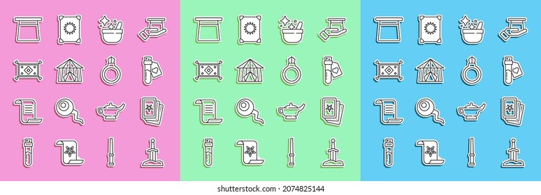 Set Line Sword In The Stone, Three Tarot Cards, Bottle With Love Potion, Witch Cauldron, Circus Tent, Magic Carpet, Hat And Ring Gem Icon. Vector