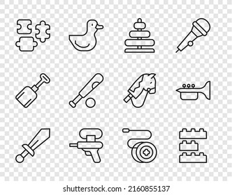 Set-Linie Schwertspielzeug, Spielzeugbausteine, Pyramide, Wasserpistole, Puzzleteile, Baseballschläger mit Ball, Yoyo und Trumpet Symbol. Vektorgrafik