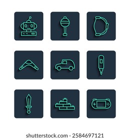 Set line Sword toy, Toy building block bricks, Portable video game console, Bow, car, Boomerang, Robot and Marker pen icon. Vector