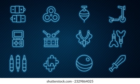 Fijar la línea de juguete Espada, flecha Dart, Whirligig, Drum con palos de tambor, juego electrónico Tetris, Batería, Slingshot e icono del spinner Fidget. Vector