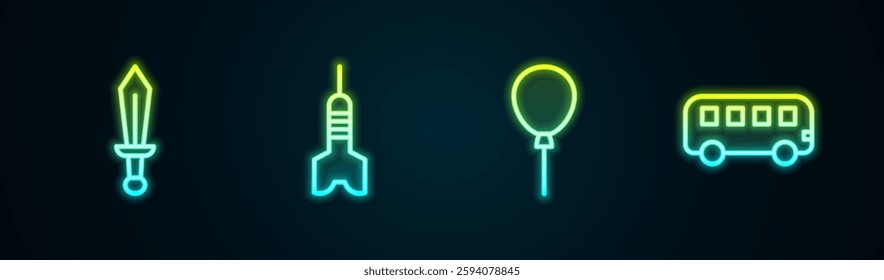 Set line Sword toy, Dart arrow, Balloons with ribbon and Bus. Glowing neon icon. Vector