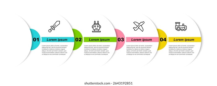 Set line Sword toy, Robot, Toy plane and train. Business infographic template. Vector