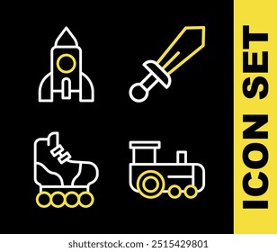 Set line Sword toy, Toy train, Roller skate and Rocket ship icon. Vector
