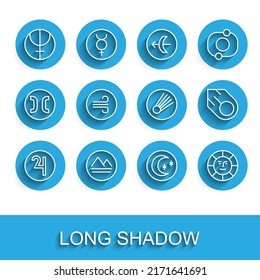 Set line Symbol Jupiter, Earth element, Neptune planet, Moon and stars, Sun, Windy weather, Comet and  icon. Vector