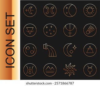 Set line Symbol Mercury, Air element, Comet, Eclipse of the sun, Full moon, Earth, Sagittarius zodiac and Neptune planet icon. Vector