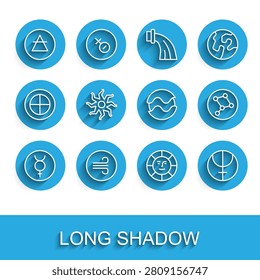 Set line Symbol Mercury, Windy weather, Air element, Sun, Neptune planet, Great Bear constellation and Planet icon. Vector