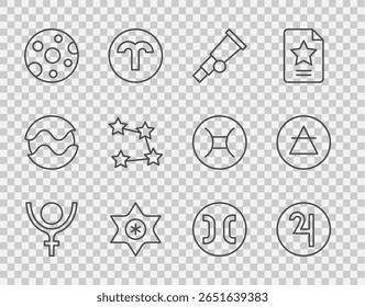 Set line Symbol Pluto, Jupiter, Telescope, Falling star, Full moon, Star constellation zodiac, Pisces and Air element icon. Vector