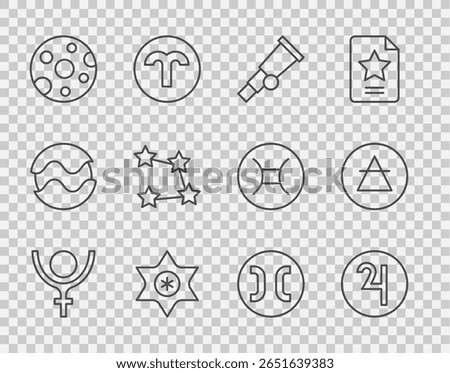 Set line Symbol Pluto, Jupiter, Telescope, Falling star, Full moon, Star constellation zodiac, Pisces and Air element icon. Vector