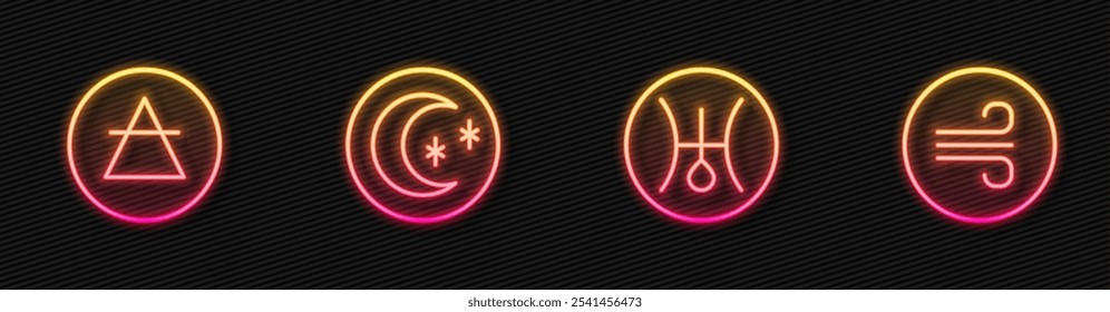 Set line Symbol Uranus, Air element, Moon and stars and Windy weather. Glowing neon icon. Vector