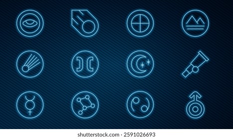 Set line Symbol Uranus, Telescope, Earth globe, Pisces zodiac, Comet, Medallion with eye, Moon and stars and  icon. Vector