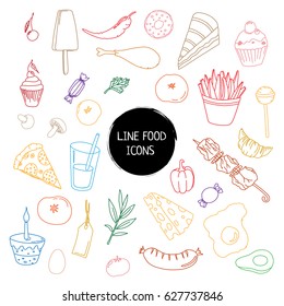 Set of line symbols food. Sketches color icons for the decoration of restaurants, cafes, menus, print, web