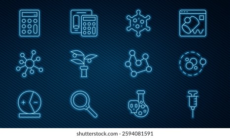 Set line Syringe, Atom, Virus, Plant breeding, Molecule, Calculator, Chemical formula and  icon. Vector