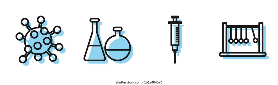 Set line Syringe, Bacteria, Test tube and flask chemical laboratory and Pendulum icon. Vector