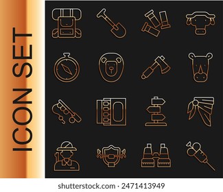 Set line Syringe, Bandana or biker scarf, Rhinoceros, Cartridges, Wild lion, Compass, Hiking backpack and Wooden axe icon. Vector