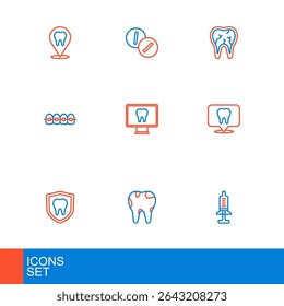 Set line Seringa, Dente quebrado, Proteção odontológica, localização clínica, Dentes com aparelho ortodôntico, Assistência odontológica on-line e ícone do comprimido de analgésico para dor de dente. Vetor