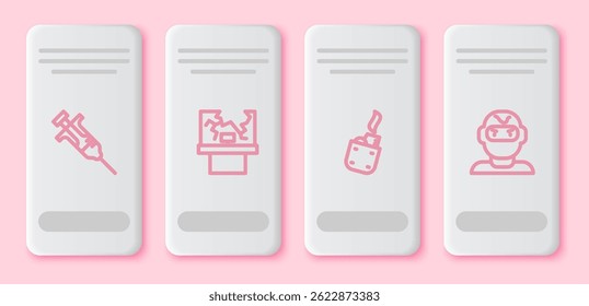 Set line Syringe, Broken window, Lighter and Thief mask. White rectangle button. Vector