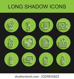 Set line Syringe, Certificate template, Location hospital, Digital thermometer, DNA symbol, Hospital building and Patient record icon. Vector