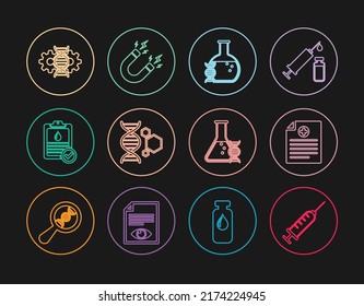 Set line Syringe, Clinical record, DNA research, search, Genetic engineering, Clipboard with blood test, editing,  and Magnet lightning icon. Vector
