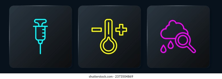 Set line Syringe, Cloud with rain and Thermometer. Black square button. Vector