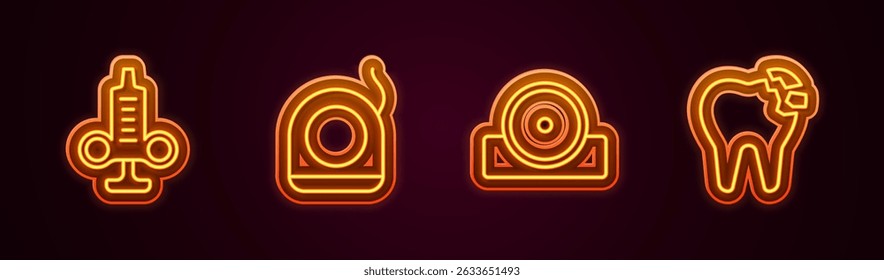 Set line Syringe, Dental floss, Otolaryngological head reflector and Broken tooth. Glowing neon icon. Vector
