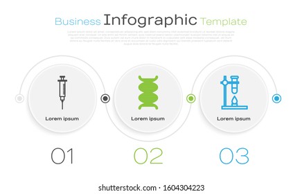 Set line Syringe, DNA symbol and Glass test tube flask on fire heater. Business infographic template. Vector