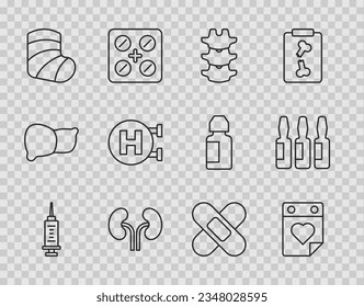 Set line Syringe, Doctor appointment, Human spine, kidneys, Gypsum, Hospital signboard, Crossed bandage plaster and Medical vial, ampoule icon. Vector