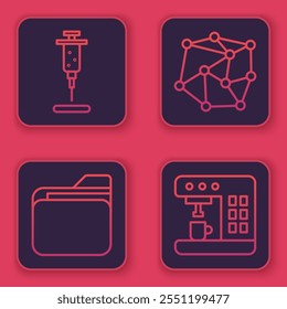 Set line Syringe, Document folder, Neural network and Coffee machine. Blue square button. Vector