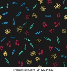 Set line Syringe, , Genetic engineering and Magnet with lightning on seamless pattern. Vector
