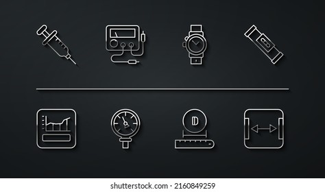 Set line Syringe, Graph, schedule, chart, diagram, Construction bubble level, Diameter, Pressure water, Multimeter, voltmeter, Area measurement and Wrist watch icon. Vector