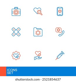 Set line Syringe, Heart with cross, Emergency call 911, Crossed bandage plaster, Medical health record folder,  and heart inspection icon. Vector