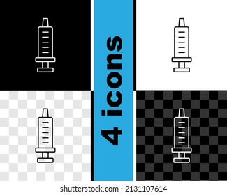 Set-Line-Spritze Symbol einzeln auf schwarz-weißem, transparentem Hintergrund. Impfstoffspritze, Impfung, Injektion, Grippeschuss. Medizinische Ausrüstung.  Vektorgrafik
