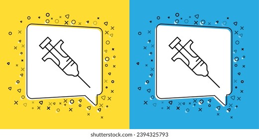 Set line Syringe icon isolated on yellow and blue background. Syringe for vaccine, vaccination, injection, flu shot. Medical equipment.  Vector