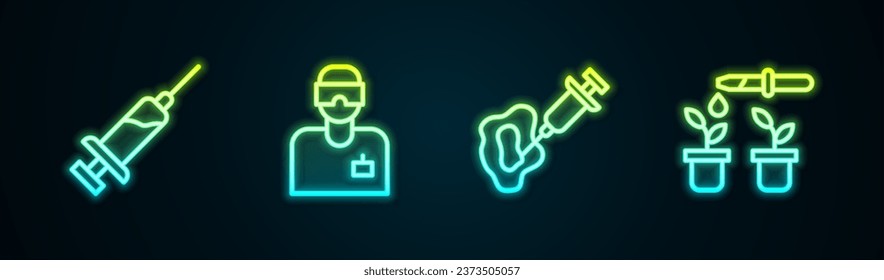 Set line Syringe, Laboratory assistant,  and Pipette and plant. Glowing neon icon. Vector