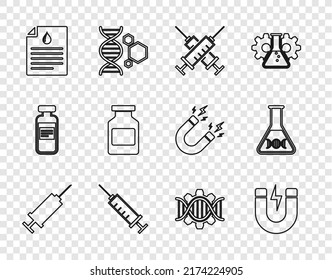 Set line Syringe, Magnet with lightning, Crossed syringe, Clipboard blood test, Medicine bottle, Genetic engineering and DNA research, search icon. Vector