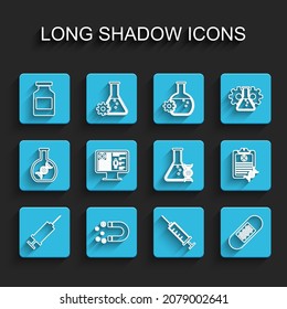 Set line Syringe, Magnet with money, Medicine bottle, Bandage plaster, Clinical record monitor, Clipboard DNA analysis and research, search icon. Vector