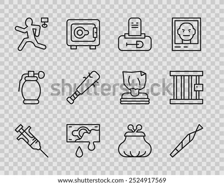 Set line Syringe, Marijuana joint, Grave with tombstone, Bloody money, Murder, Baseball bat nails, Wallet and Prison window icon. Vector