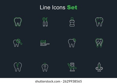 Set line Syringe, Medical dental chair, Broken tooth, Toothbrush with toothpaste and  icon. Vector