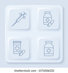 Set line Syringe, Medicine bottle and pills, Medicine bottle and pills and Medicine bottle. White square button. Vector