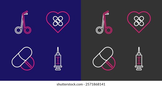 Set line Syringe, Medicine pill or tablet, Healed broken heart and Medical scissors icon. Vector