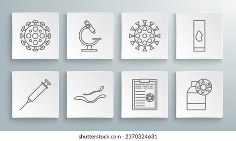 Set line Syringe, Microscope, Ebola virus disease, Clipboard with blood test results, Bottle, Virus, Blood and and  icon. Vector