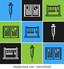 Set line Syringe, Pendulum and Open book icon. Vector