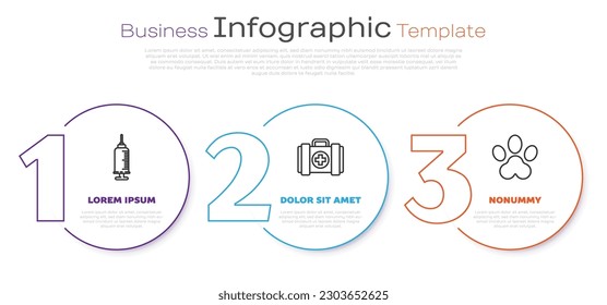 Set line Syringe with pet vaccine, Pet first aid kit and Paw print. Business infographic template. Vector