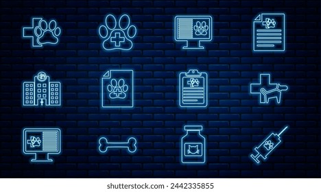 Set line Syringe with pet vaccine, Veterinary clinic, Clinical record on monitor, Medical certificate for dog cat, medicine hospital,  and  icon. Vector