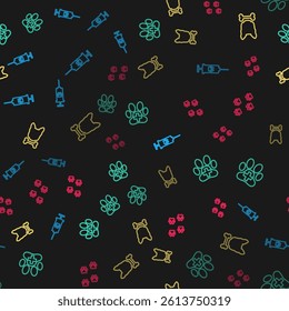 Set line Syringe with pet vaccine, Veterinary clinic, Dog and bone and Paw print on seamless pattern. Vector
