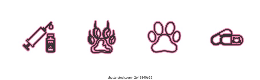 Definir linha Seringa com vacina para animais de estimação, impressão de pata e ícone de gato e comprimidos. Vetor