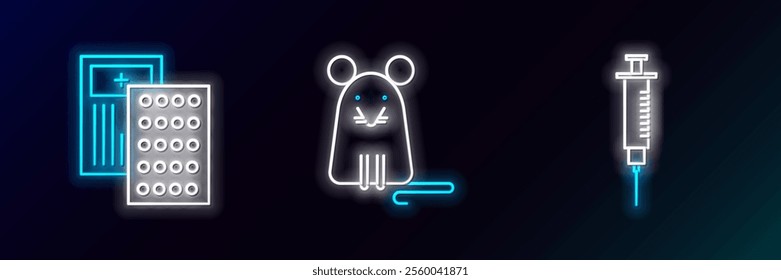 Set line Syringe, Pills blister pack and Rat icon. Glowing neon. Vector