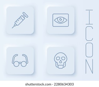 Set line Syringe, Red eye effect, Glasses and Skull. White square button. Vector